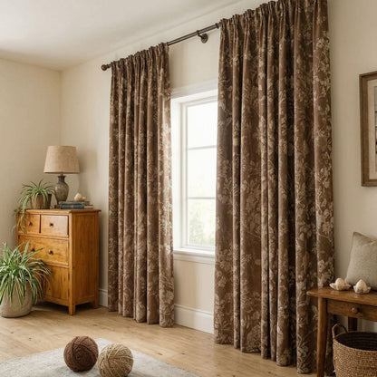 Warm Taupe French Country Antique Floral Pinch Pleat Curtain Panels