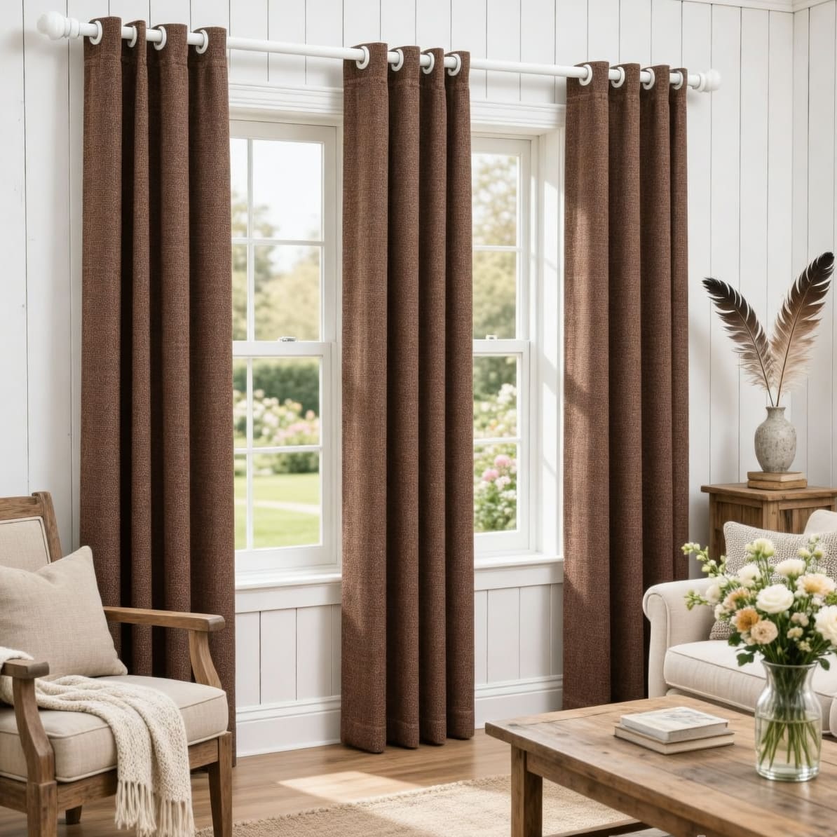 Solid Brown Curtains Grommet Top Drapes for Bedroom Set of 2 Panels