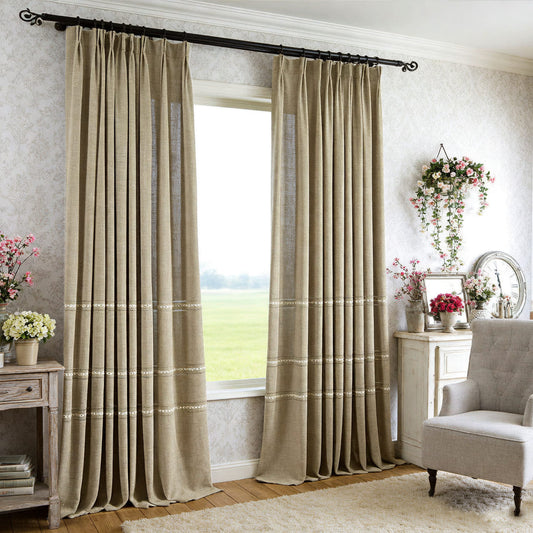 Classic Retro Embroidery Natural Linen Darkening Curtains Drapes