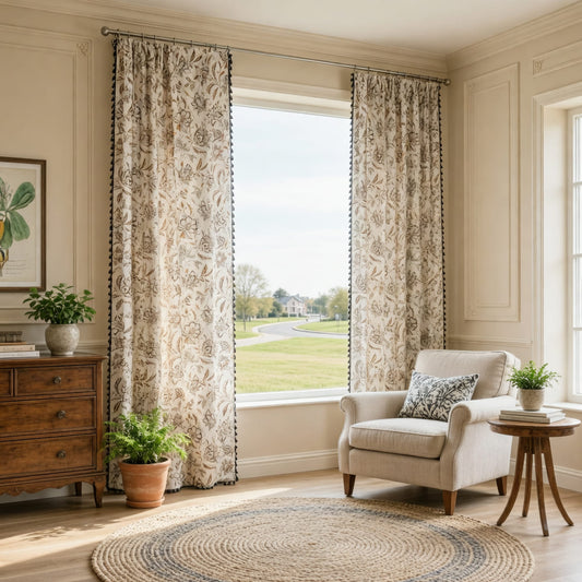 Camellia Blooms Cream Curtains Cotton Linen Drapes With Black Tassels