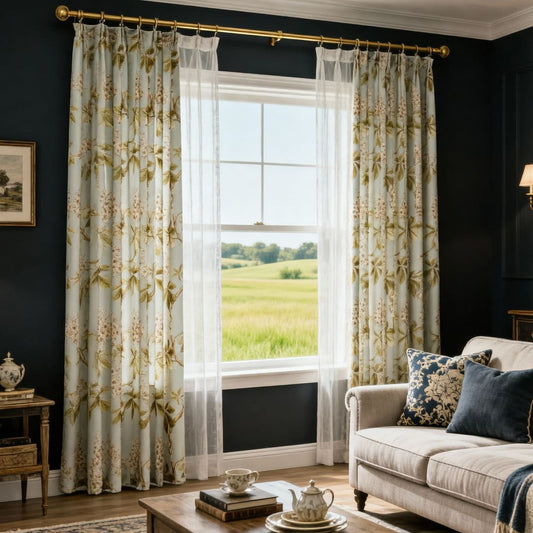 Misty Green Cottage Chestnut Floral Pinch Pleat Curtains