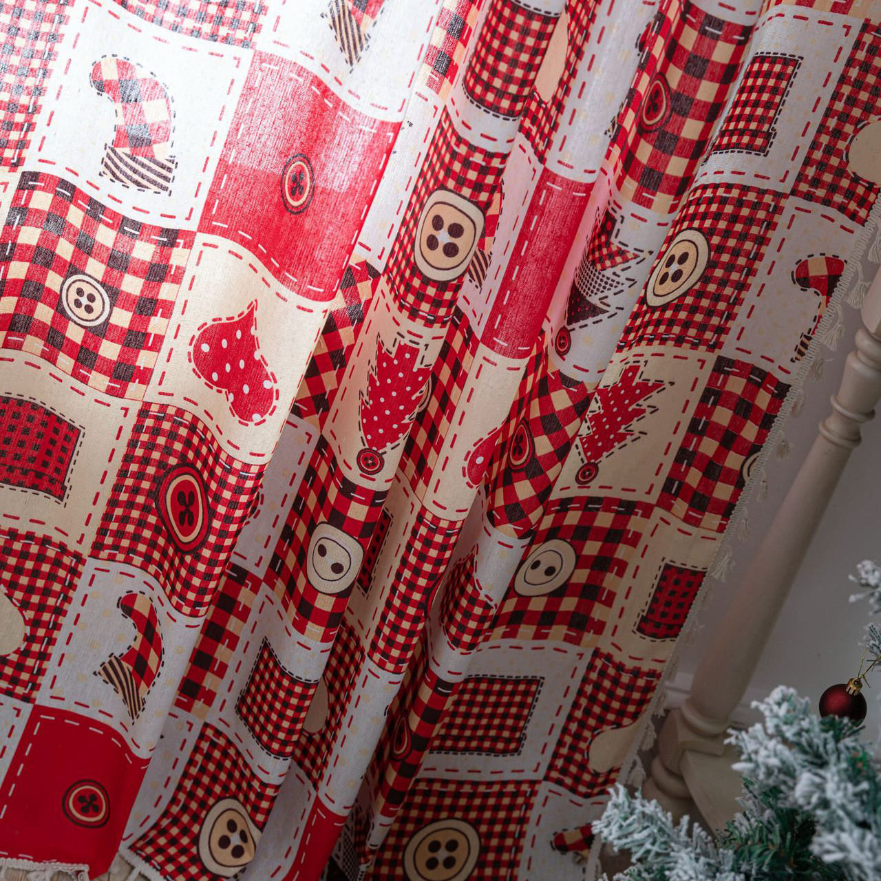 Red Plaid Patchwork Christmas Themed Farmhouse Curtain Stocking Tree