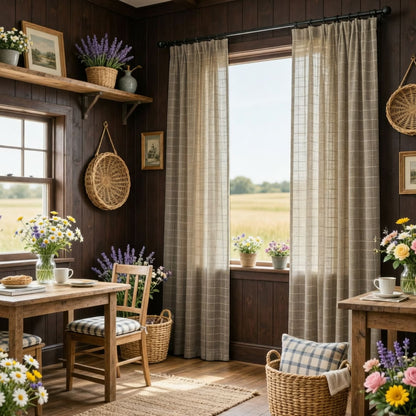 Plaid Embroidered Natural Linen Curtains Window Check Drapes for Living Room