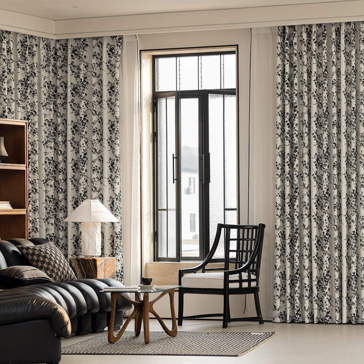 Modern Black Silhouette Floral Vine Chenille Jacquard Curtains Drapes