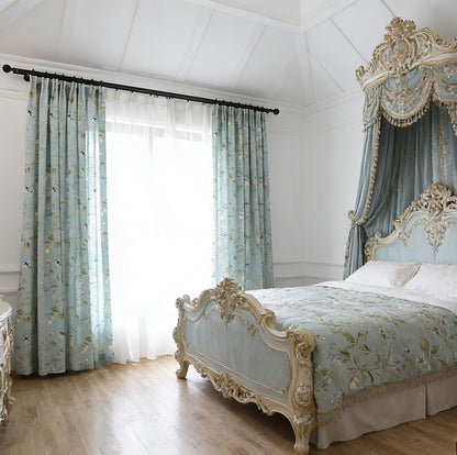 Nature-Inspired Blue Cottage White Blossom & Swallow Curtains
