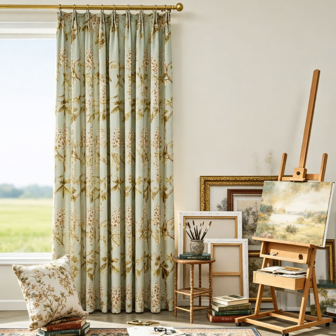 Misty Green Cottage Chestnut Floral Curtains