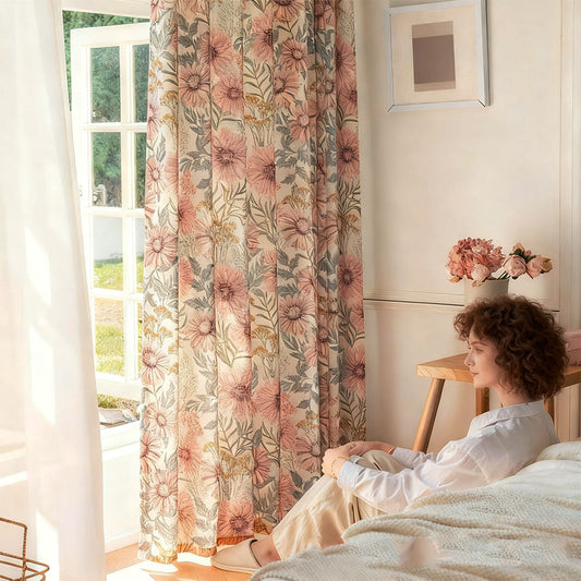 Vintage Country Beige Pink Daisy Floral Curtains