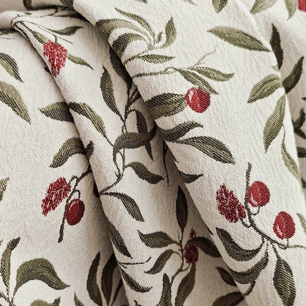 Olive Green Leaf & Red Berry Cream Base Curtains