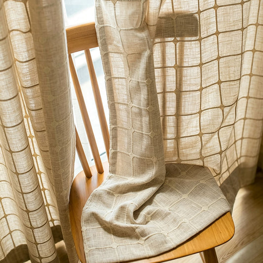 Plaid Embroidered Natural Linen Pinch Pleat Curtains Window Check Drapes