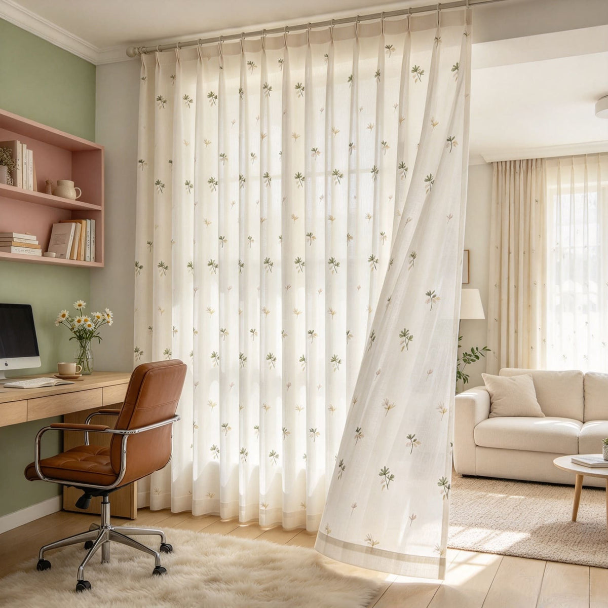 Cream Linen Sheer Curtains with Colorful Floral Embroidery