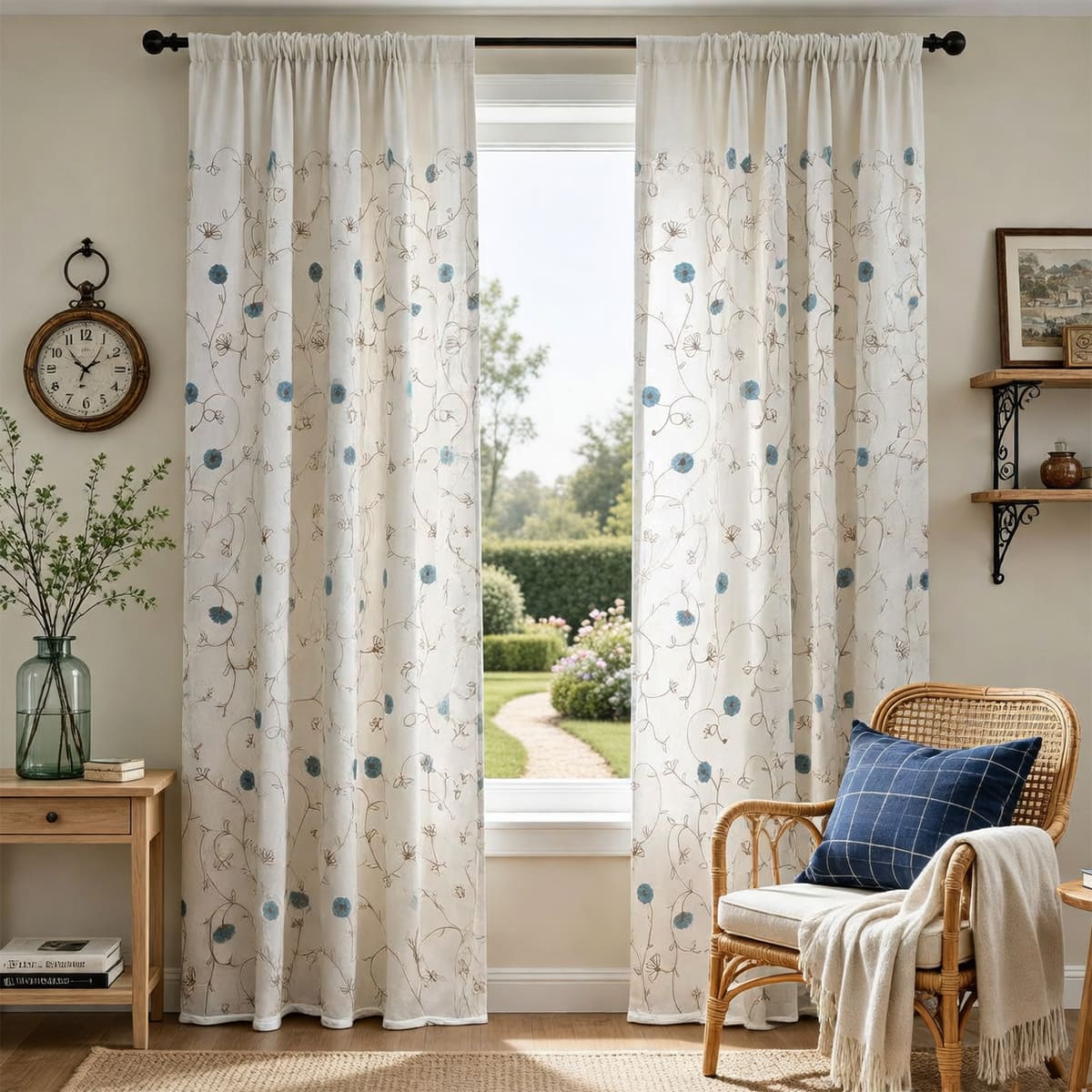 A Ballad of Blue Blooms Embroidered Vine White Curtains