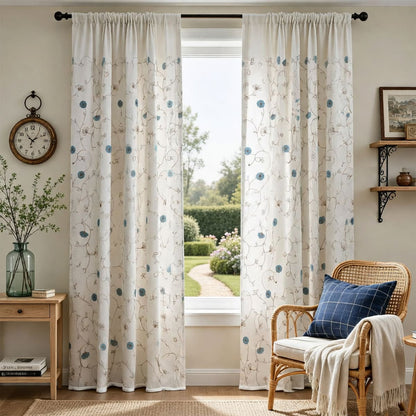 A Ballad of Blue Blooms Embroidered Vine White Curtains