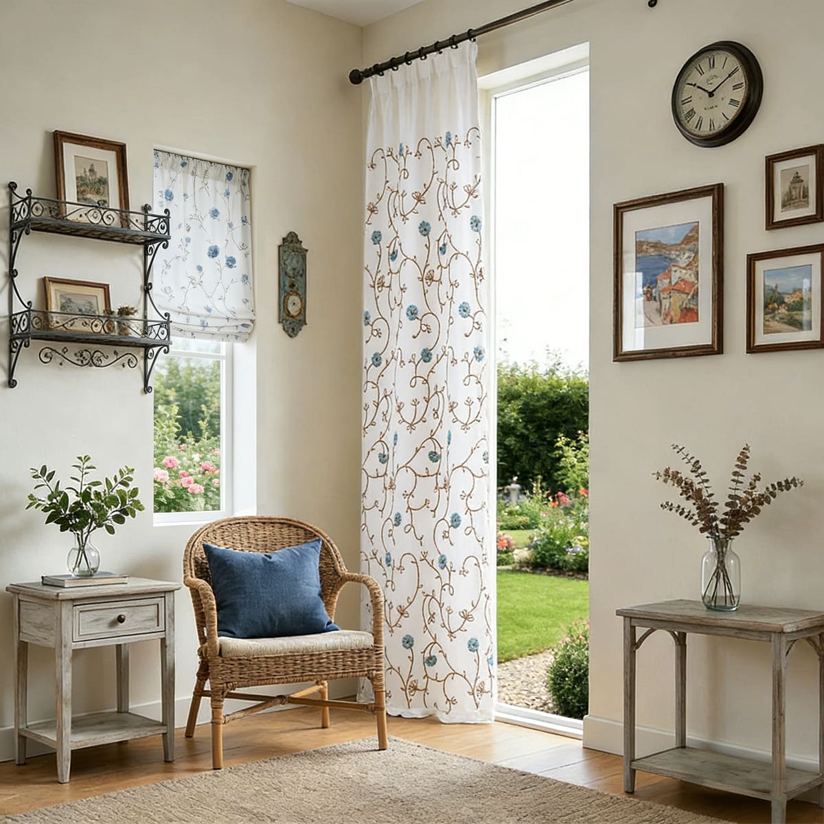 A Ballad of Blue Blooms Embroidered Vine White Curtains