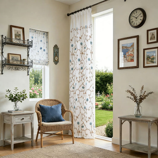 A Ballad of Blue Blooms Embroidered Vine Pinch Pleat Curtains