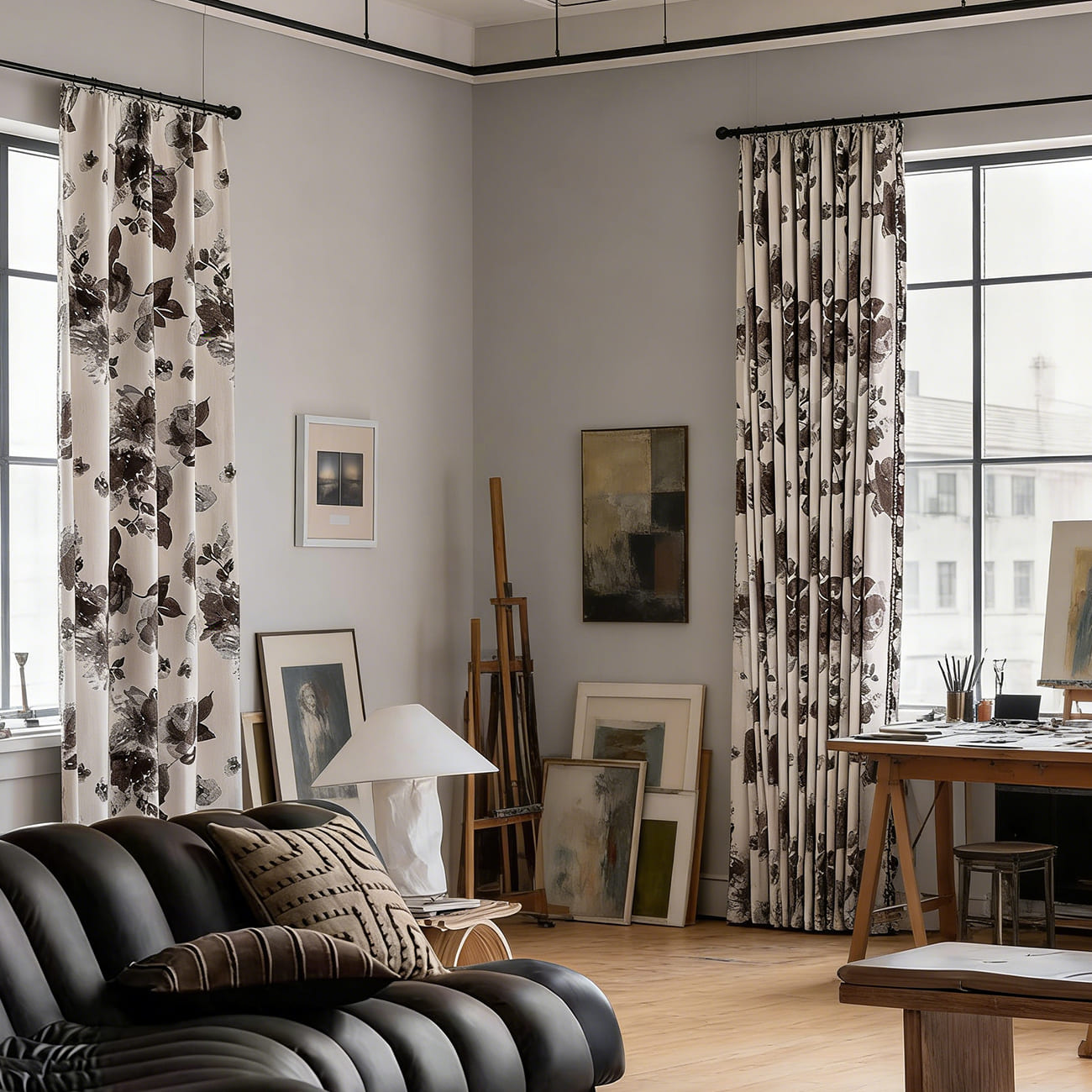 Modern Elegant Ivory Dark Watercolor Floral Chenille Drapes