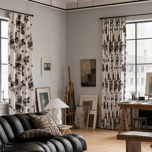 Modern Elegant Ivory Dark Watercolor Floral Chenille Drapes