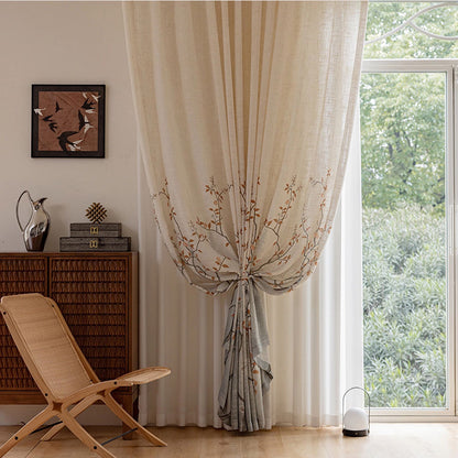 Warm Tone Linen Sheer Autumn Branch & Songbird Privacy Pinch Pleat Sheer Curtain