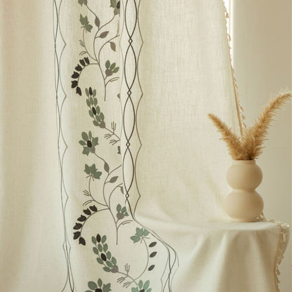 Rustic Vintage Embroidered Floral Linen Curtain with Tassels Custom Length