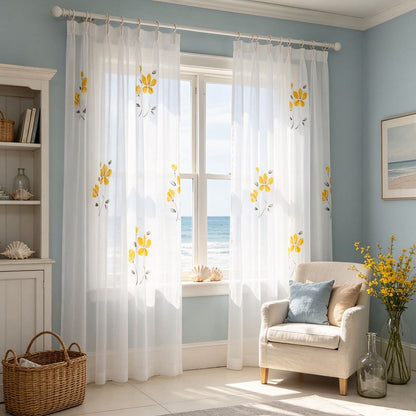 Elegant Scattered Hand‑Drawn Yellow Flower White Sheer Curtains