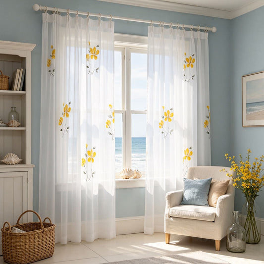 Elegant Scattered Hand‑Drawn Yellow Flower White Sheer Curtains