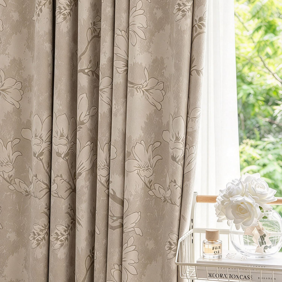 Double Sided Chenille Magnolia Floral Jacquard Curtains for Living Room