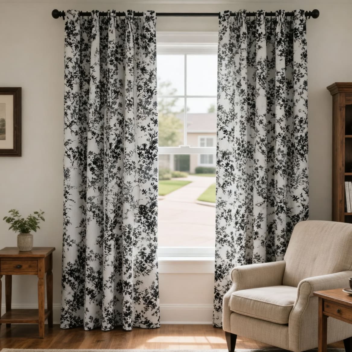 Modern Black Silhouette Floral Vine Chenille Jacquard Curtains Drapes