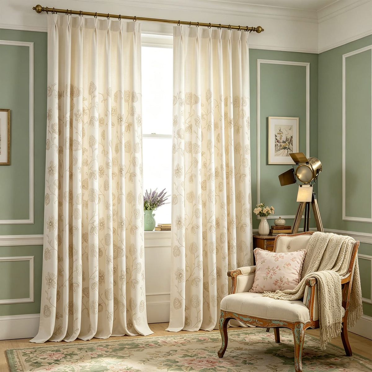 Rideaux en lin naturel, à fleurs, pour chambre à coucher/salon, 2 panneaux
