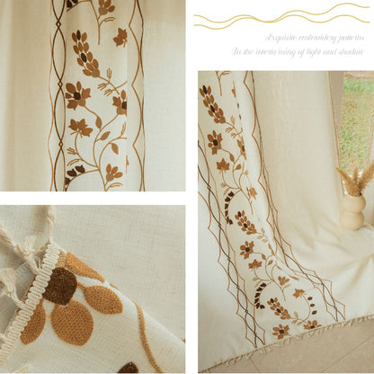 Rustic Vintage Embroidered Floral Linen Curtain with Tassels Custom Length