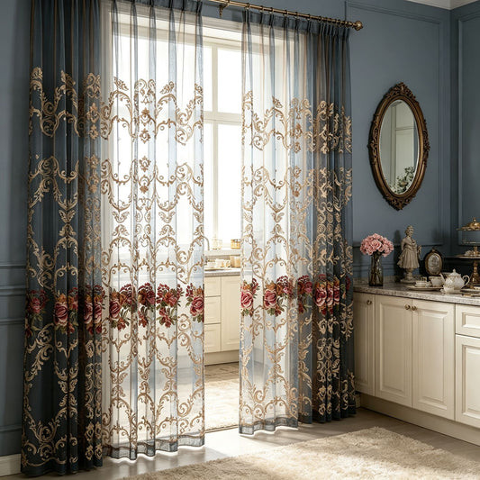 Luxury Baroque Teal Blue Gold Embroidered Floral Sheer Curtains | Vintage Victorian Window Drapes