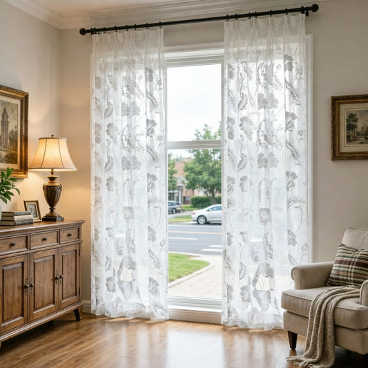 Ethereal Sheer White Floral Jacquard Window Curtains