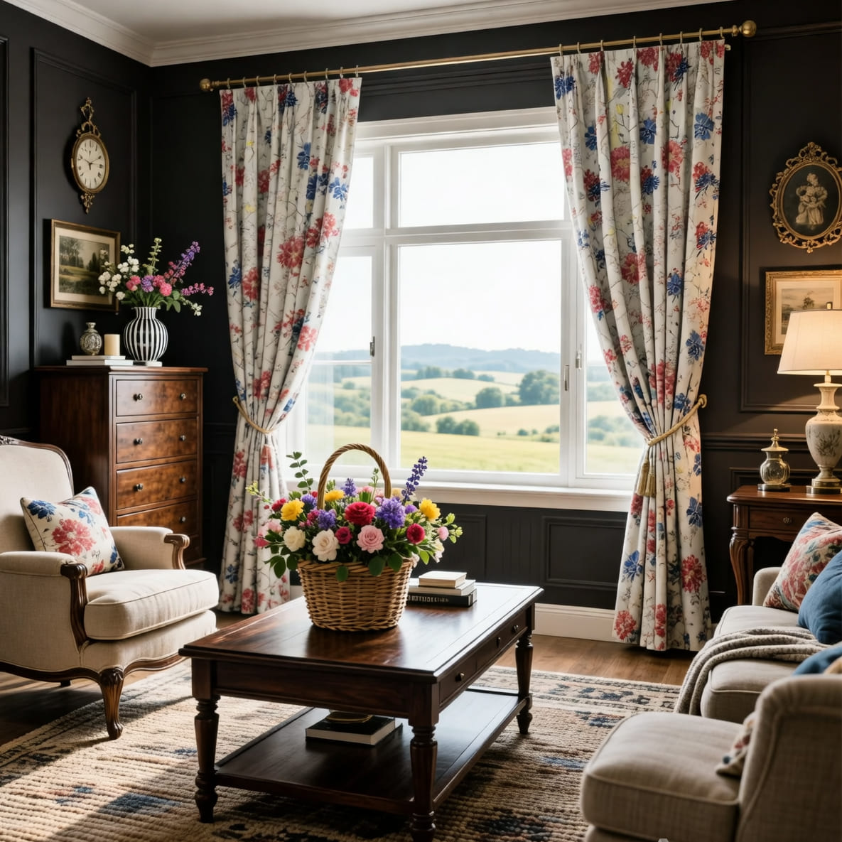 King Flowers and Crane Curtains Red Blue Bloom Drapes for Bedroom/Living Room