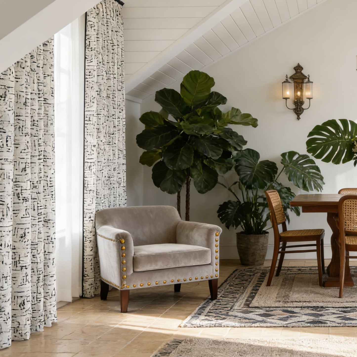 Modern Minimalist Ivory Black Chenille Jacquard Abstract Line Geometric Curtains