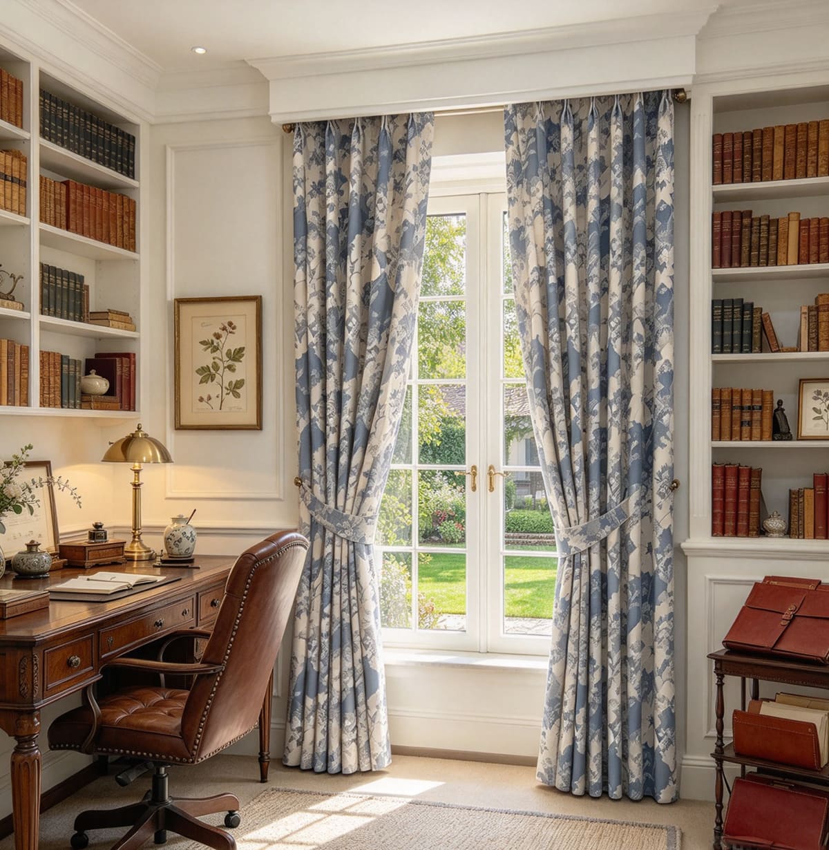 Rideaux à motifs géométriques bleus pour chambre à coucher