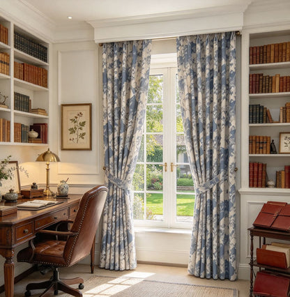 Rideaux à motifs géométriques bleus pour chambre à coucher