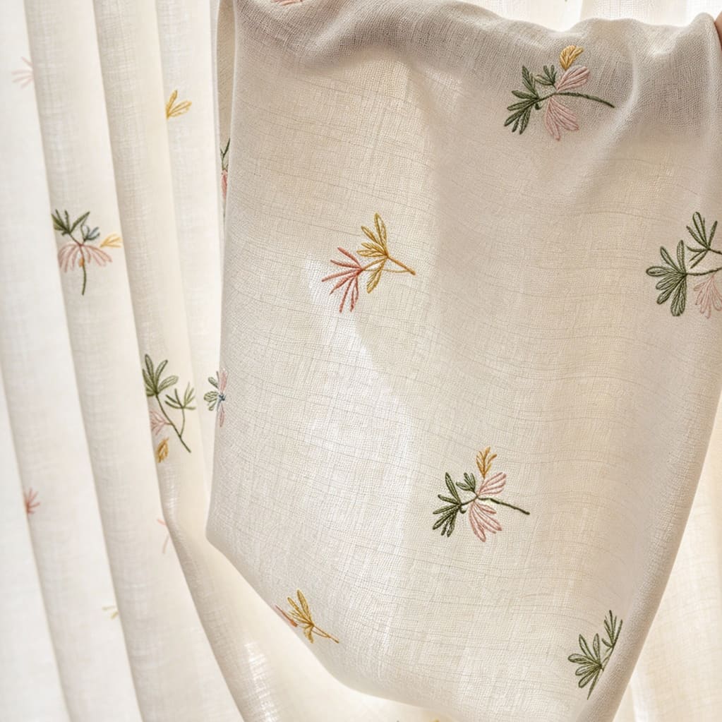 Cream Linen Sheer Curtains with Colorful Floral Embroidery