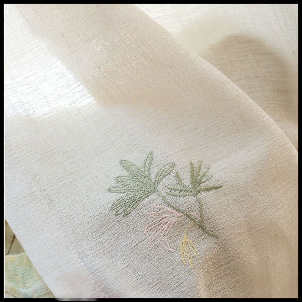 Cream Linen Sheer Curtains with Colorful Floral Embroidery