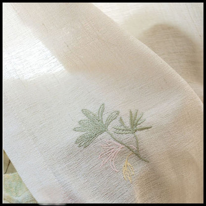 Cream Linen Sheer Curtains with Colorful Floral Embroidery