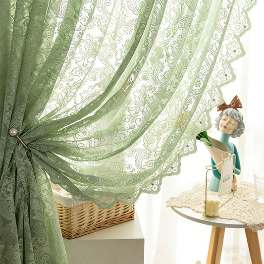 Charming Mint Green Lace Ruffled Sheer Curtains