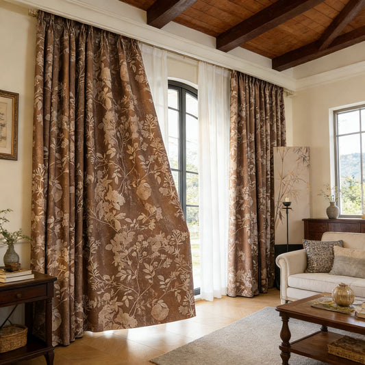 Warm Taupe French Country Antique Floral Curtain Panels