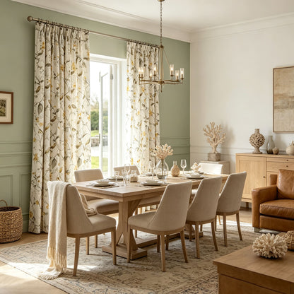 Garden Mustard Gray Birds Yellow Blossom Print Curtain Panels