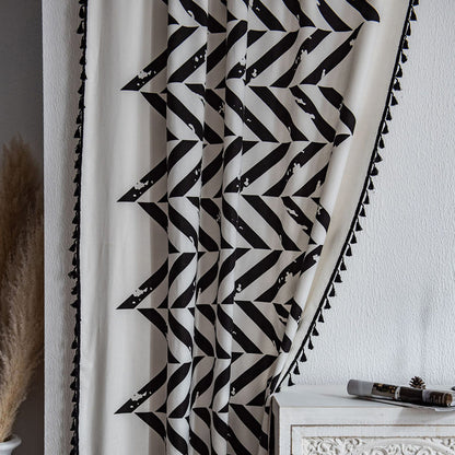 Bold Black White Geometric Zigzag  Curtain - Tasseled Artistic Window Drape for Accent Walls