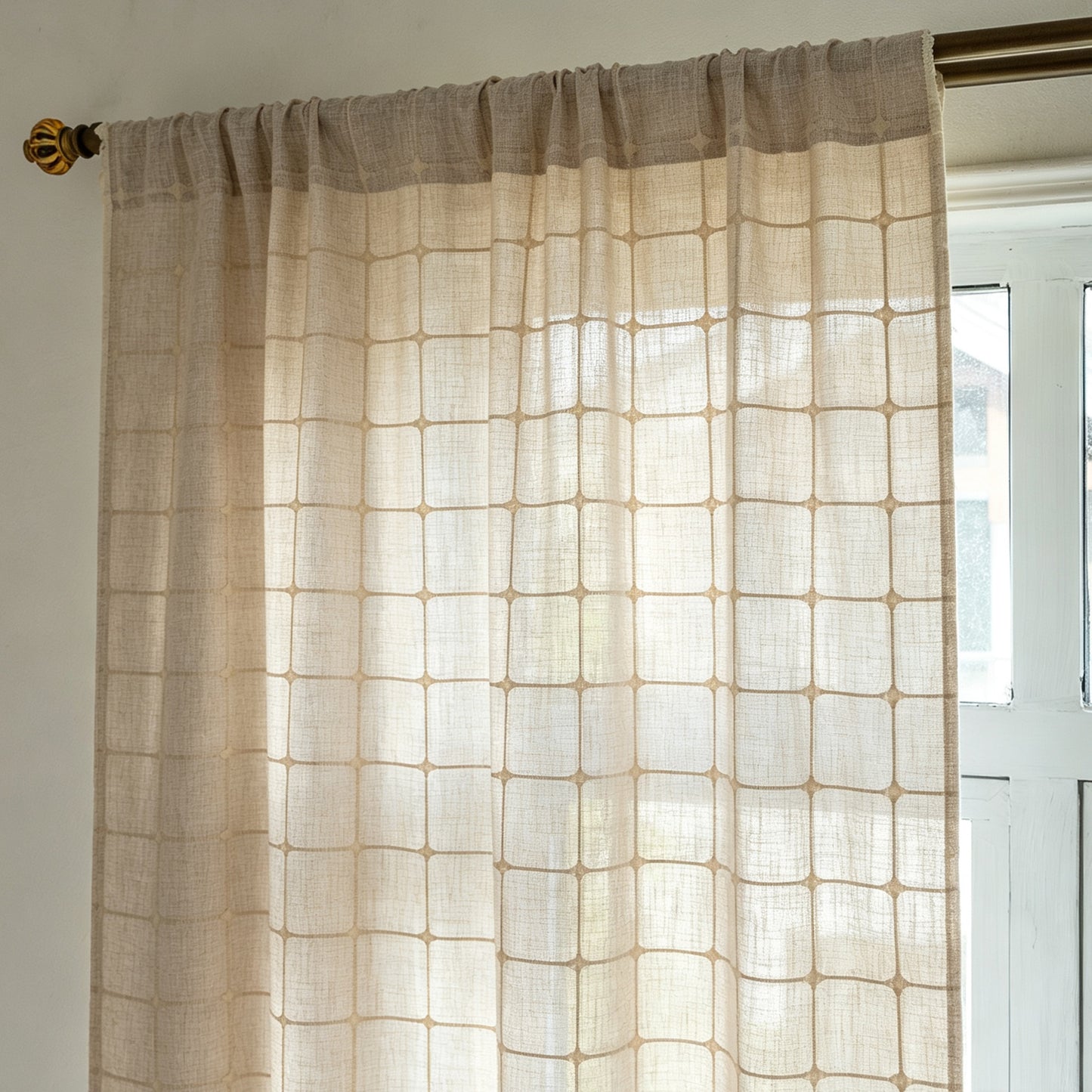 Plaid Embroidered Natural Linen Curtains Window Check Drapes for Living Room