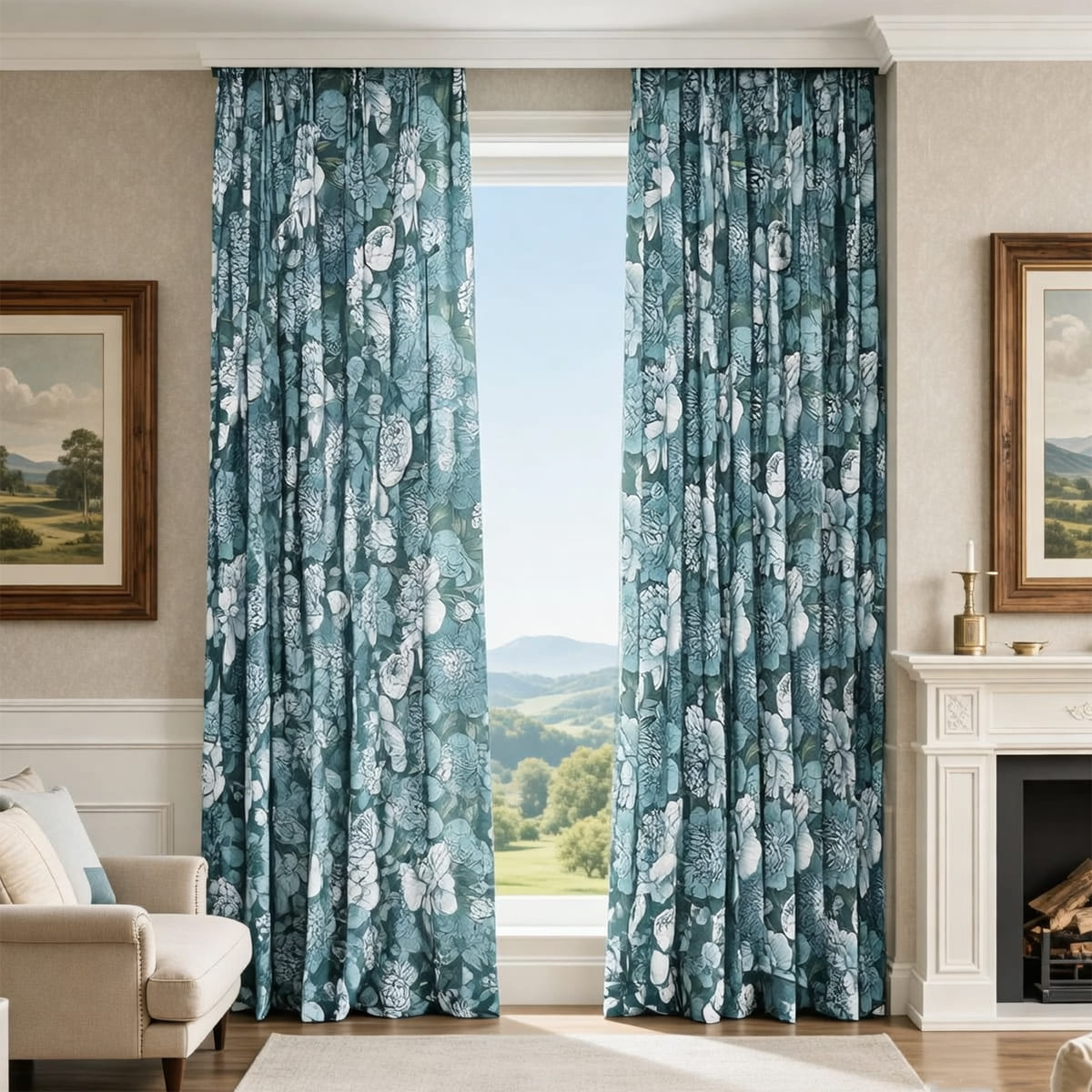 Turquoise Curtains Peony Flowers Curtains Pinch Pleat Drapes