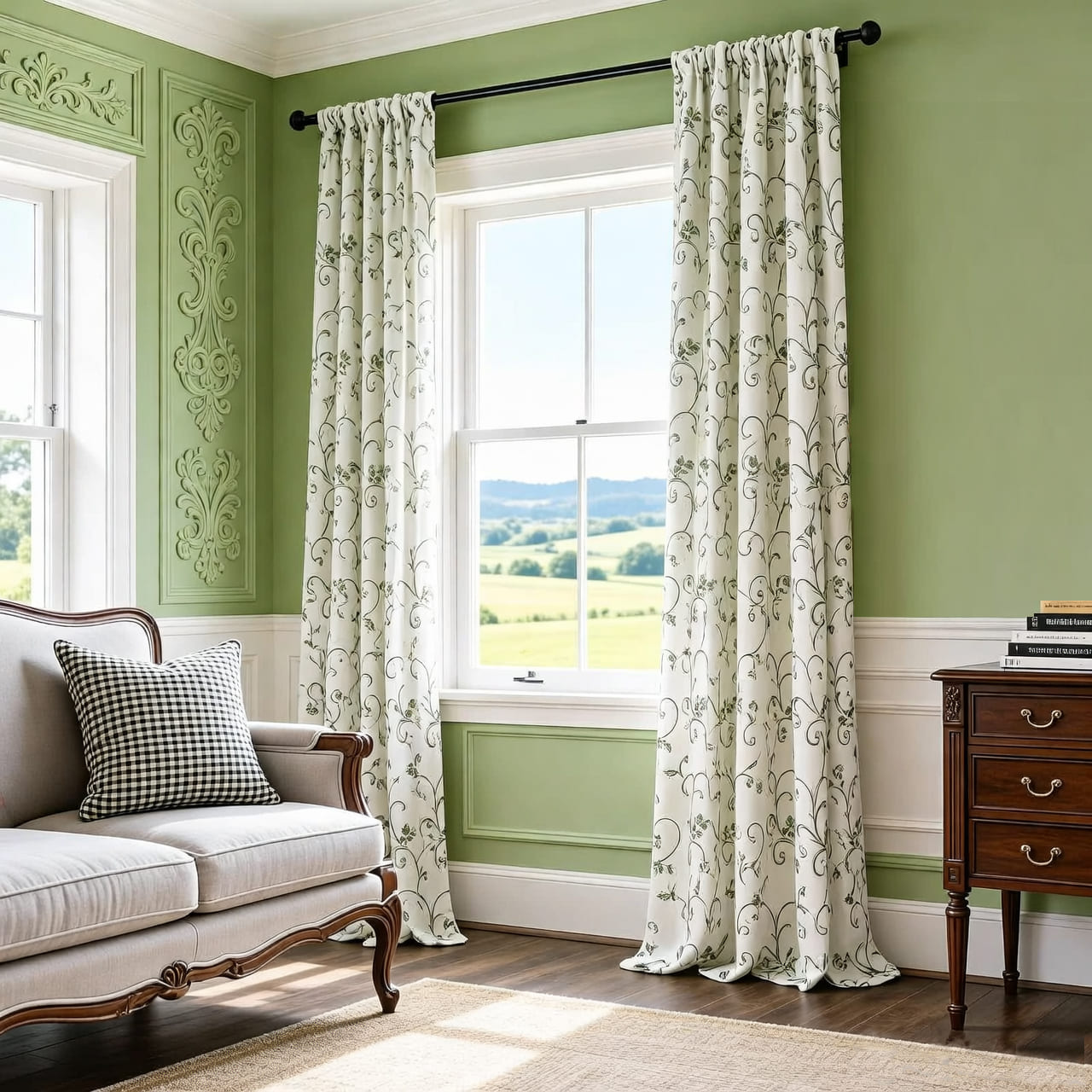 Embroidered Green Vine Curtains Linen Drapes for Livingroom