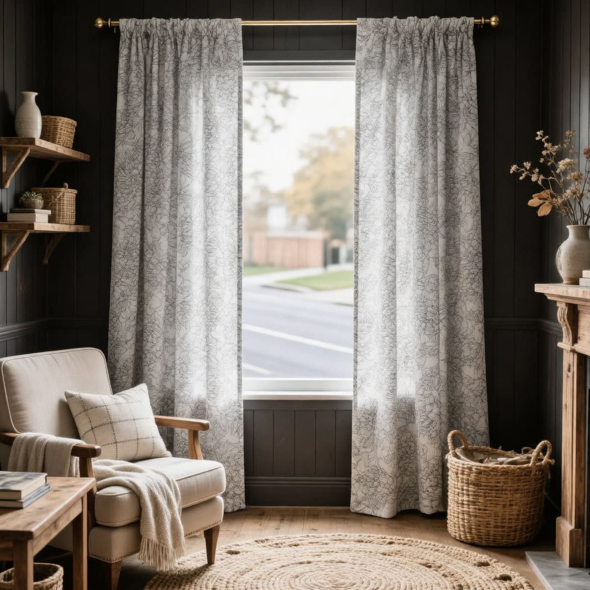 Art Line Drawing Peony Kitchen Curtains Flower Living room Drapes