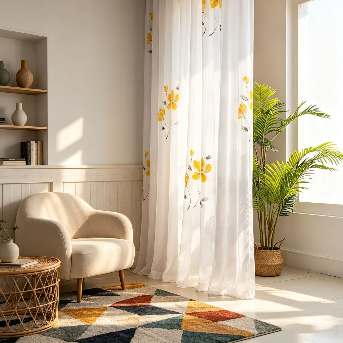 Elegant Scattered Hand‑Drawn Yellow Flower White Sheer Curtains