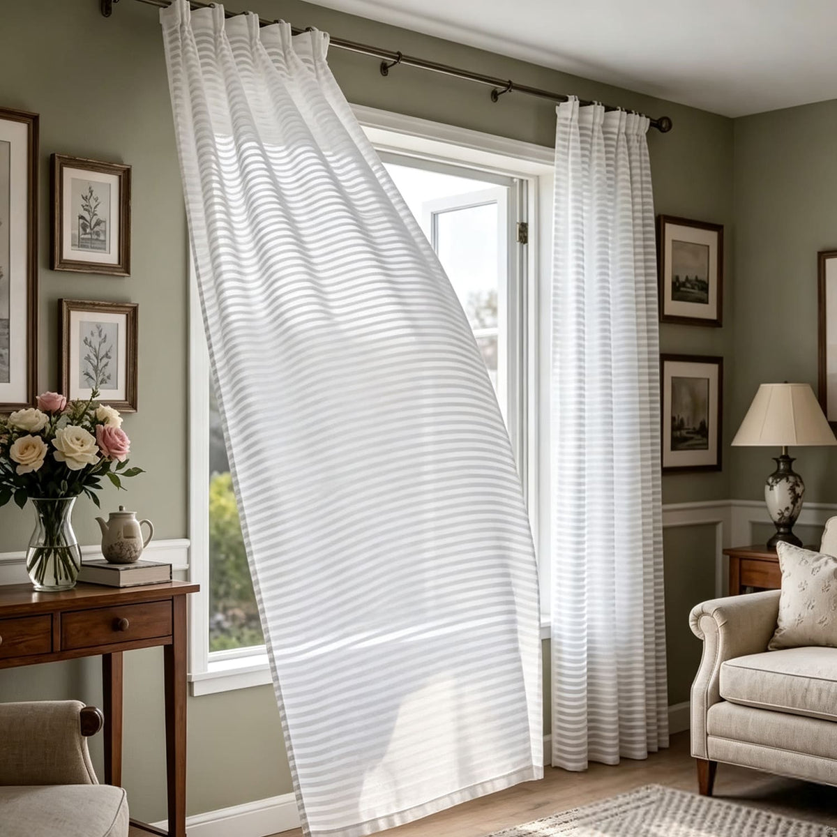White Horizontal Striped Sheer Curtains Voile 2 Panels for Living Room