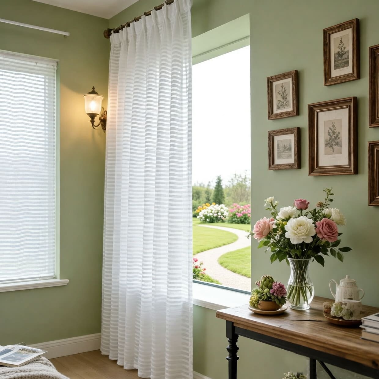 Ivory White Horizontal Striped Sheer Curtains Voile 2 Panels for Living Room