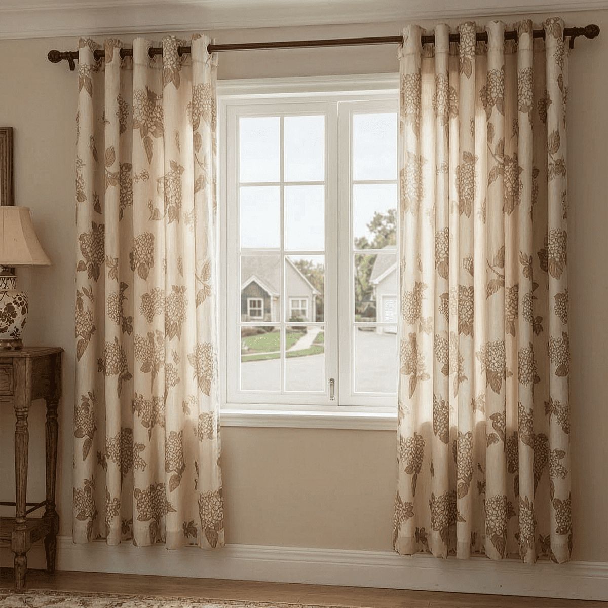 Vintage Brown Natural Linen Hydrangea Print Curtains