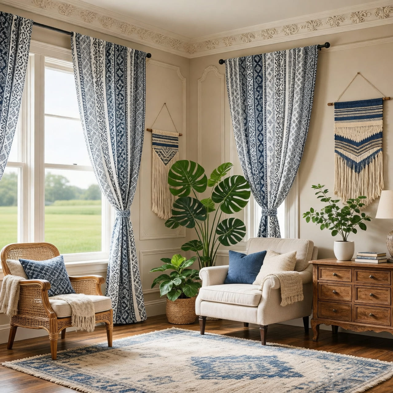 Mediterranean Indigo Moroccan Scrollwork Cotton Linen Curtains